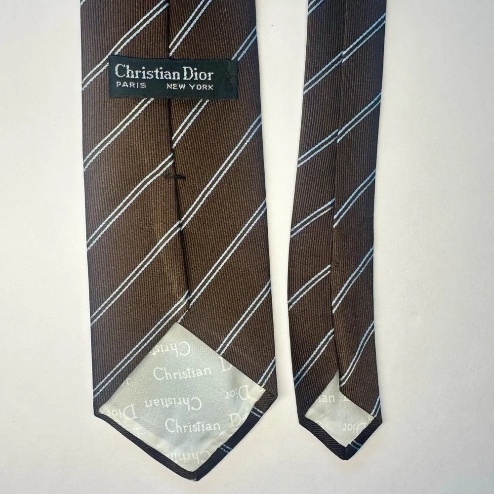 Vintage DIOR Embroidered Signature Brown Diagonal Striped Classic Tie, 3.25”